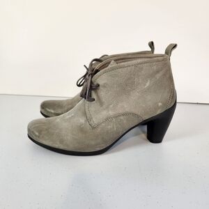 Ecco Women’s Ankle Boots Lace Up Gray Leather Block Heels Shoes Size 38 US 7 7.5